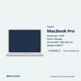 Apple MacBook Pro 16" 2019 - Core i7 9e gén. - 16 Go RAM - SSD 500 Go - Grade C