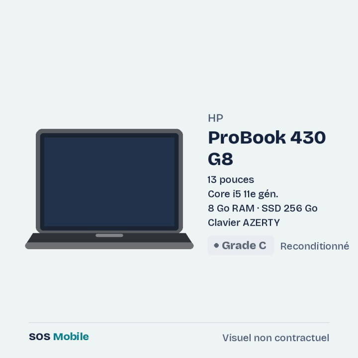 HP ProBook 430 G8 13" - Core i5 11e gén. - 8 Go RAM - SSD 256 Go - Grade C