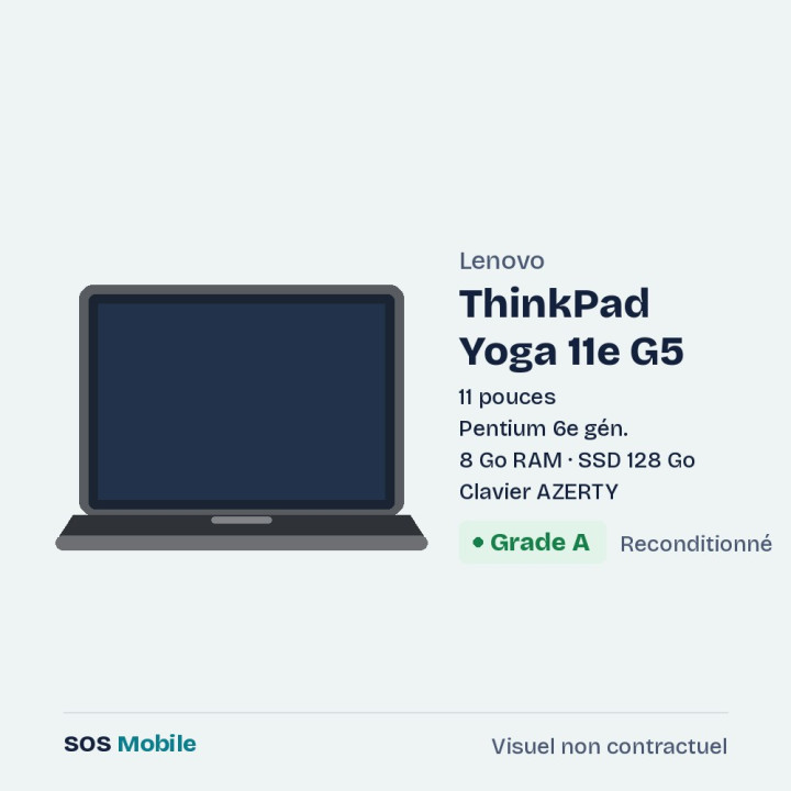 Lenovo ThinkPad Yoga 11e G5 11" - Pentium 6e gén. - 8 Go RAM - SSD 128 Go - tactile - Grade A