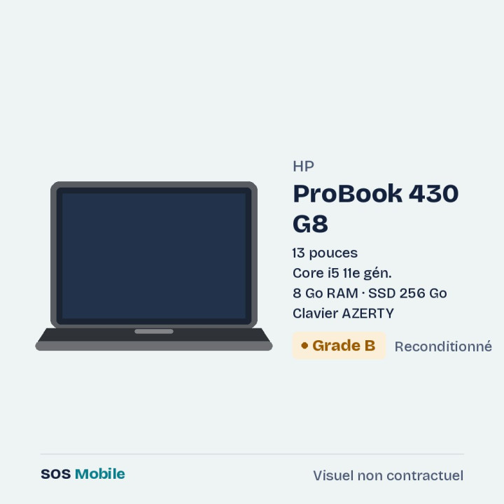 HP ProBook 430 G8 13" - Core i5 11e gén. - 8 Go RAM - SSD 256 Go - Grade B