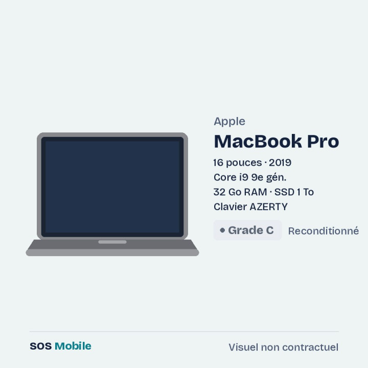 Apple MacBook Pro 16" 2019 - Core i9 9e gén. - 32 Go RAM - SSD 1 To - Grade C