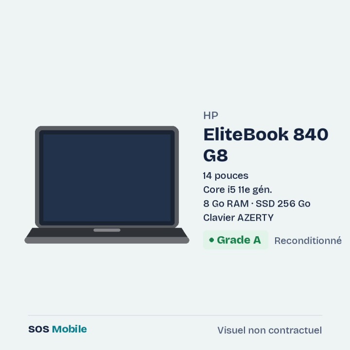 HP EliteBook 840 G8 14" - Core i5 11e gén. - 8 Go RAM - SSD 256 Go - Grade A